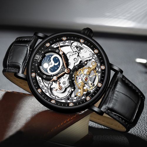 Skeleton Mechanical Automatic Watch with Leather Strap