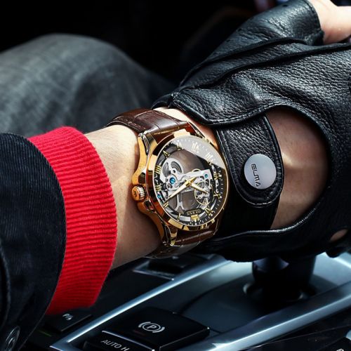Skeleton Automatic Mechanical Waterproof Watch with Leather Strap