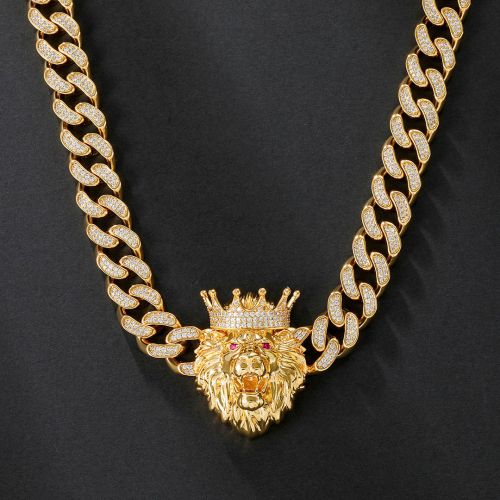 Iced Handset King Crown Lion Cuban Necklace in Gold