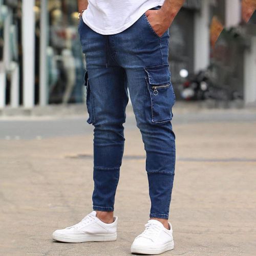 Men's multi pocket zipper decorated jeans