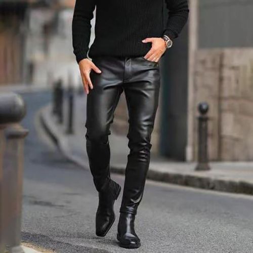 Black slim-fitting solid leather pants