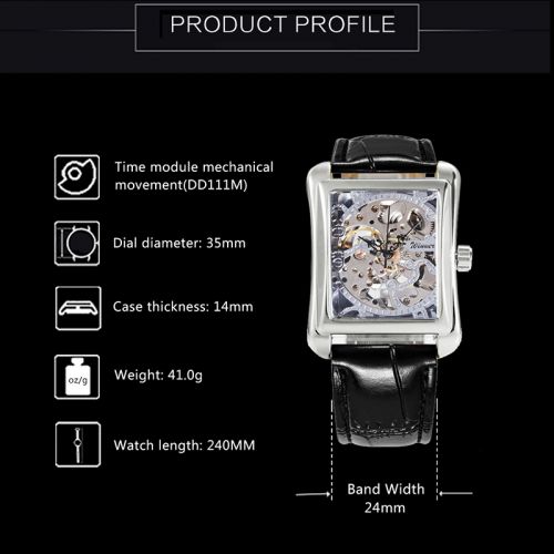 Skeleton Mechanical Tonneau Watch with Leather Strap