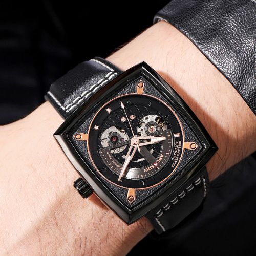 Square Automatic Mechanical Waterproof Watch with Leather Strap
