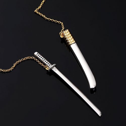 Two Tone Katana & Crown Sword Pendant Necklace