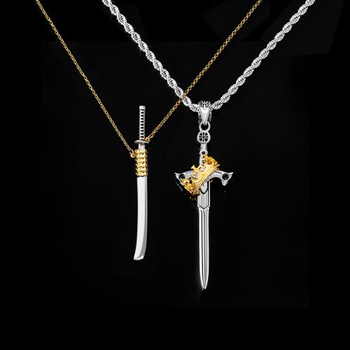Two Tone Katana & Crown Sword Pendant Necklace