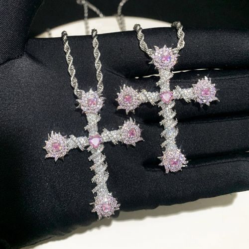 Iced Pink Heart Cross of Thorns Pendant