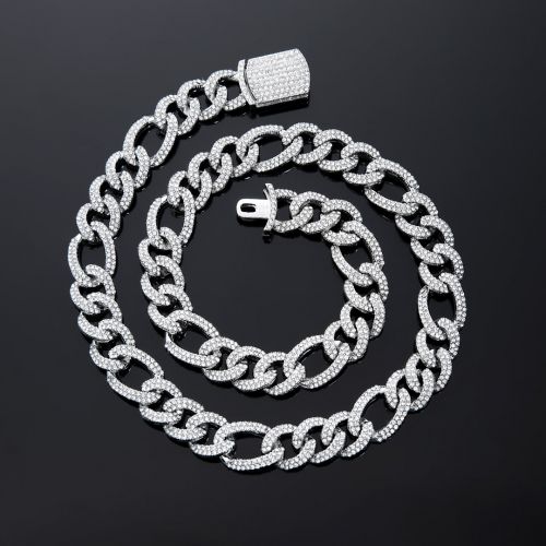 13mm Iced Figaro Chain in White Gold