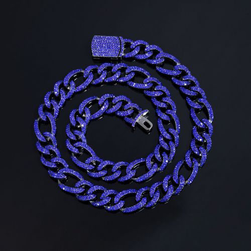 13mm Sapphire Iced Figaro Chain in Black Gold