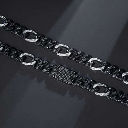 13mm White&Black Iced Figaro Chain in Black Gold
