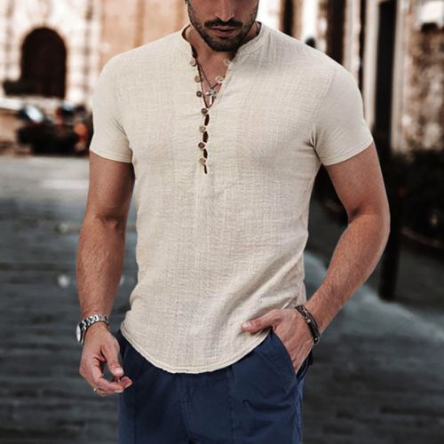 Men's Solid Color Henley Collar Casual Fit Stretch T-Shirt