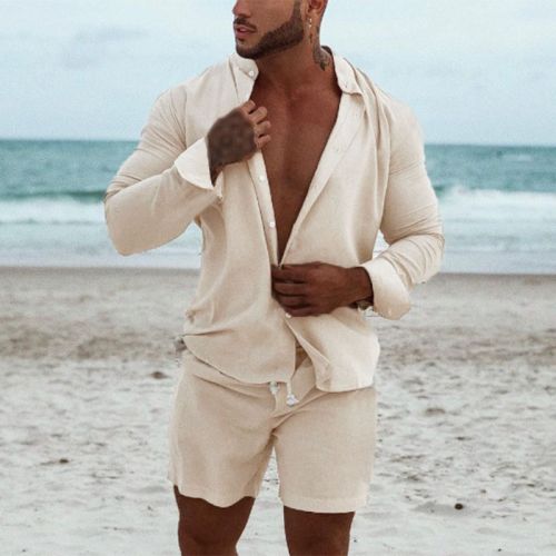 Simple Stand Collar Long-sleeved Shirt + Linen Shorts Two-piece Set