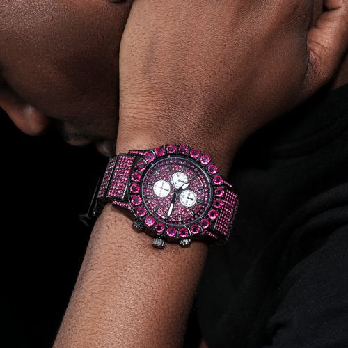 Iced Ruby Round Cut Luminous Men's Watch in Black Gold