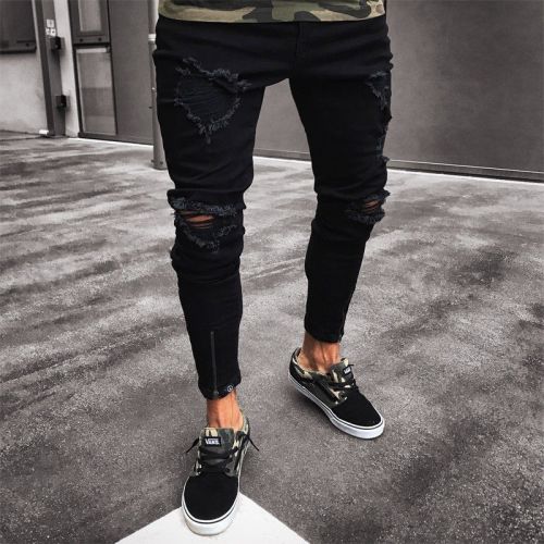 Men's Black Ripped Stretch Zipper Skinny Jeans