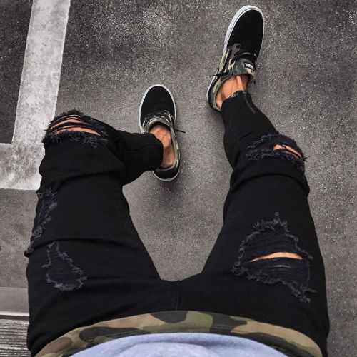 Men's Black Ripped Stretch Zipper Skinny Jeans