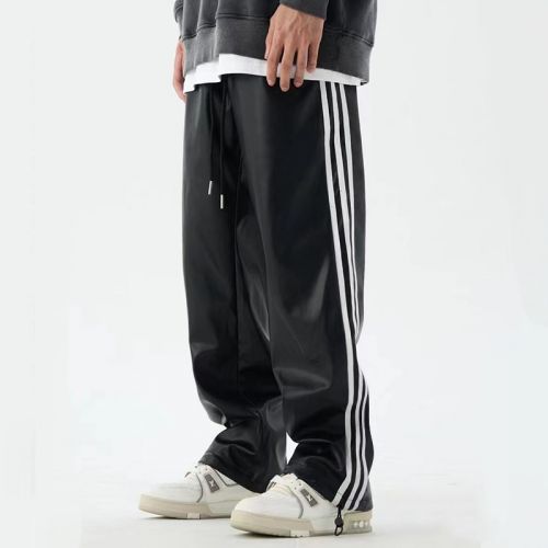 Drawstring Relaxed Stripe Loose Leather Pants