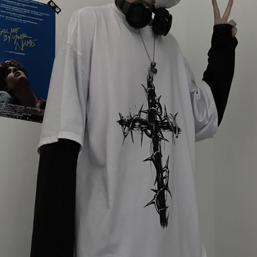 Retro High Street Hip Hop Thorn Cross Print Fake Two Piece Stitching Long Sleeve T-Shirt