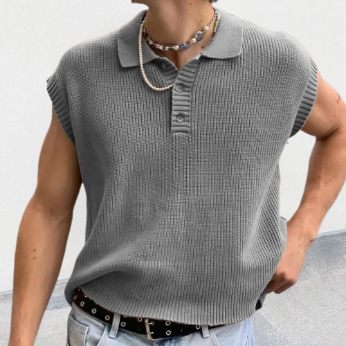 Solid Color Polo Collar Knitted Sleeveless T-shirt Vest