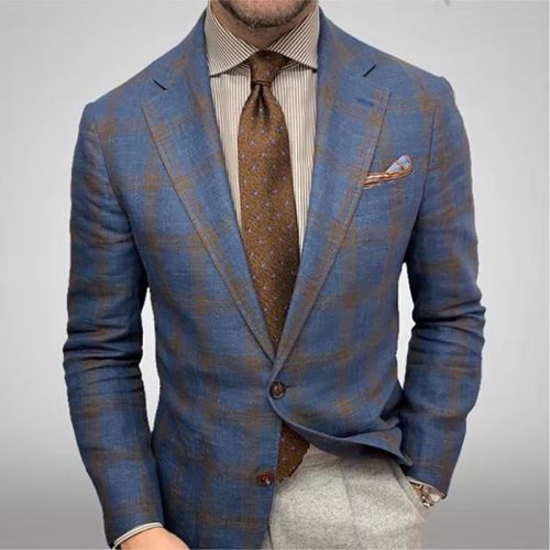 Men's Check Lapel Long Sleeve Blazer