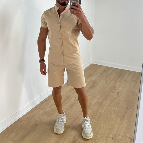 Fashion Solid Color Short-sleeved Shirt + Shorts Casual Two-piece Suit