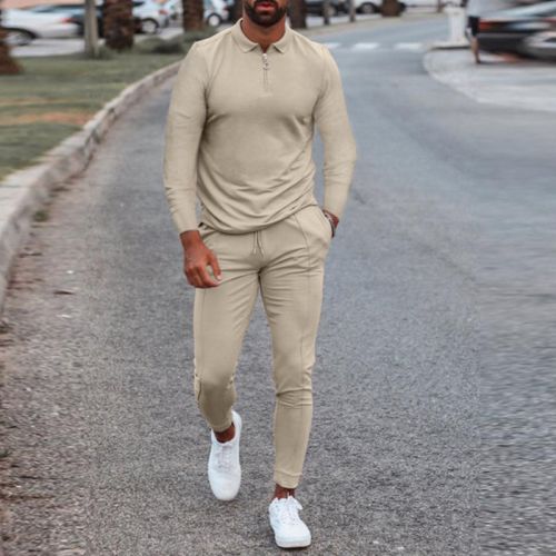 Lapel Long-sleeved T-shirt + Solid Color Trousers Sports Two-piece Suit