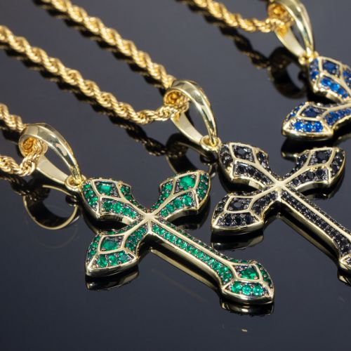 Iced Emerald/Purple/Blue/Black Cross Pendant in Gold