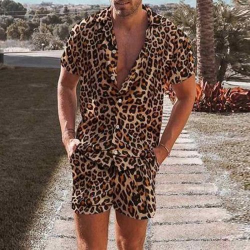 Short-sleeved Shirt + Printed Shorts Leopard Print Casual Two-piece Suit
