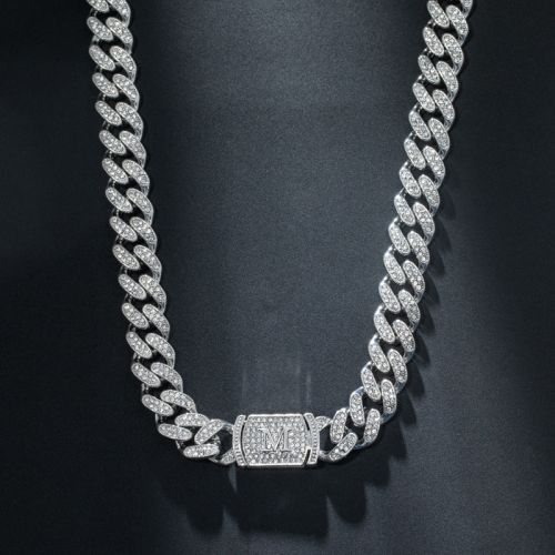 12mm 20" Initial Letter Iced Miami Cuban Chain in White Gold