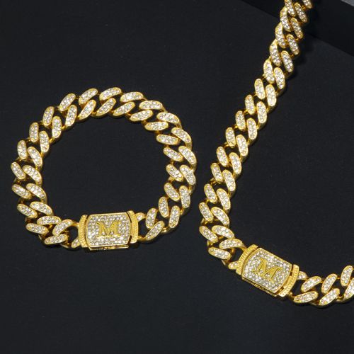 12mm Initial Letter Iced Miami Cuban Chain & Bracelet Set in Gold