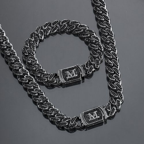 12mm Initial Letter Iced Miami Cuban Chain & Bracelet Set in Black Gold
