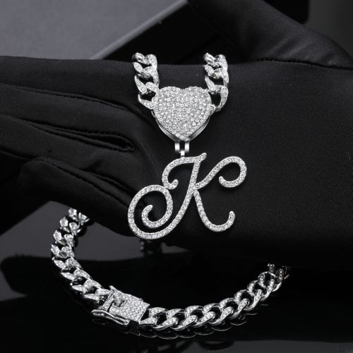 Iced Love Buckle Cursive Initial Letter Pendant with Necklace in White Gold