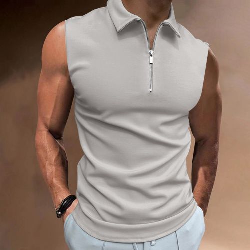 Men's Solid Color Lapel Zip Polo Shirt