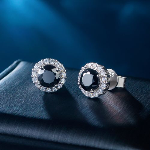 Round Black Halo Moissanite Earrings in S925 Sterling Silver