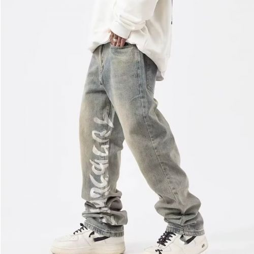 Distressed Loose Jeans With Vintage Embroidered Letters