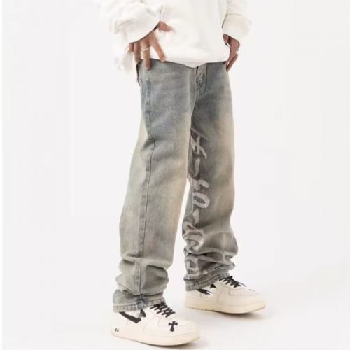 Distressed Loose Jeans With Vintage Embroidered Letters