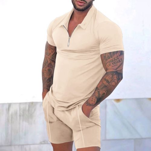 Casual Zipper Lapel Short-sleeved Polo Shirt + Solid Color Shorts Sports Two-piece Suit