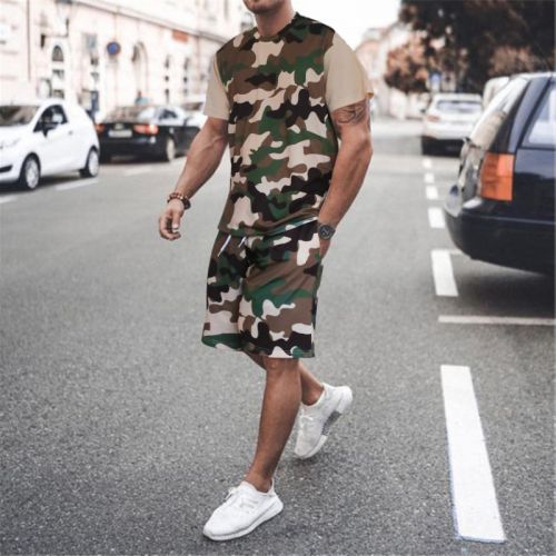 Round Neck Printed Short Sleeve + Camouflage Shorts Sports Two-piece Suit