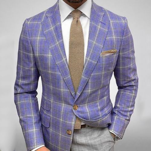 Purple Men's Check Lapel Long Sleeve Blazer
