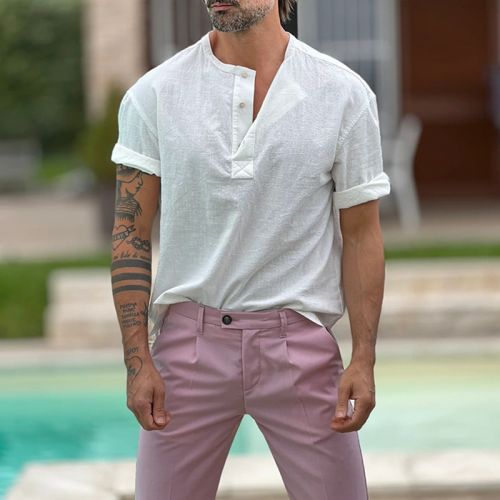 Men's Solid Color Cotton Linen Short Sleeve Shirt