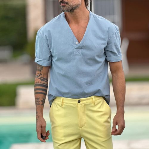 Men's Solid Color Cotton Linen Short Sleeve Shirt