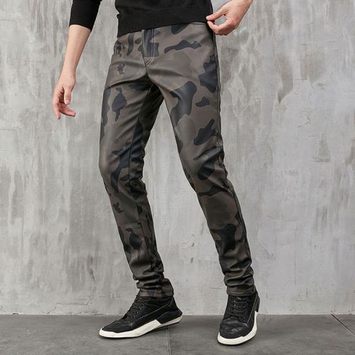 Camouflage Slim Fit PU Leather Trousers