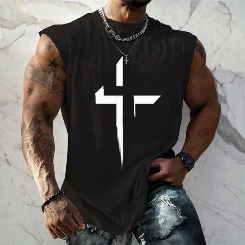 Men's Casual Cross Print Sleeveless Muscle Tank Top