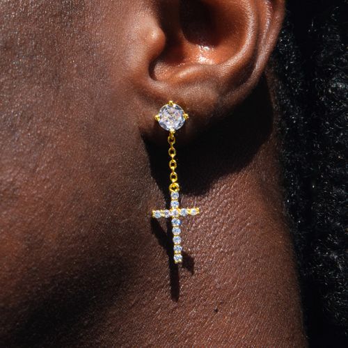 Iced Cross Dangle Stud Earrings