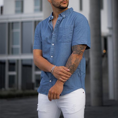 Men's Solid Color Denim Short Sleeve Shirt