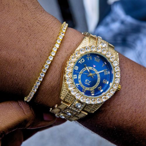 Iced Arabic Numerals Blue Dial Men's Watch & 3mm Tennis Bracelet Set in Gold