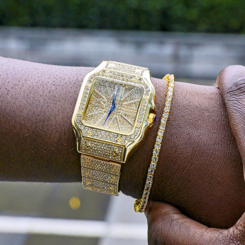 Iced Square Roman Numerals Watch & 3mm Tennis Bracelet Set in Gold