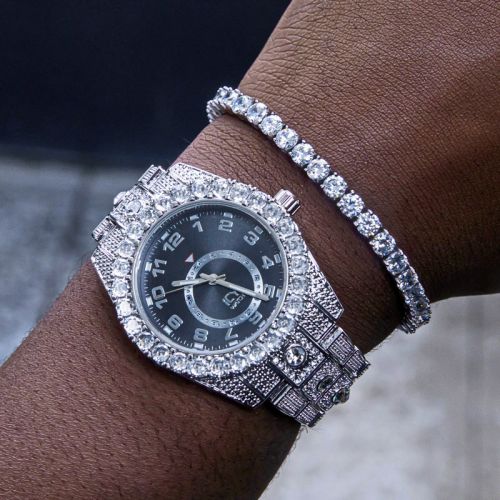 Iced Arabic Numerals Black Dial Watch & 5mm Tennis Bracelet Set  in White Gold