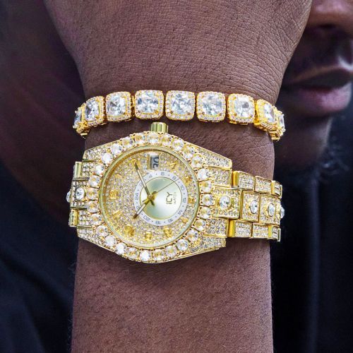 Iced Round Cut Arabic Numerals Watch & 10mm Tennis Bracelet Set in Gold