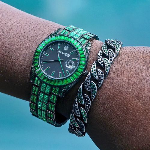 Emerald Baguette Cut Date Display Watch & 13mm Cuban Bracelet Set in Black Gold