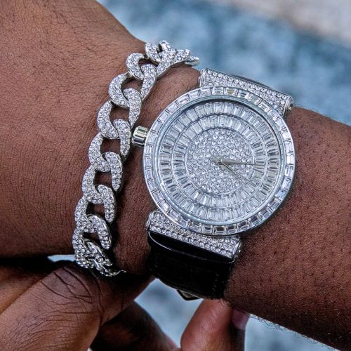 Baguette Cut Dial Watch & 12mm Iced Curb Bracelet Set in White Gold