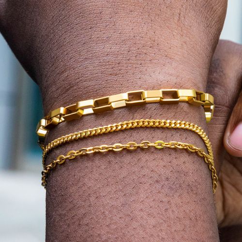 Cuban & Rolo & Rectangle Link Bracelet Set in Gold